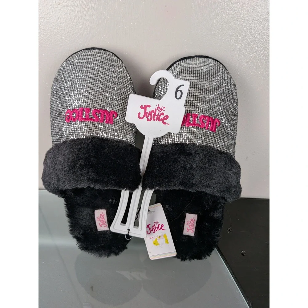 Justice Girls Silver Rhinestone Black Faux Fur Slippers Pink Logo Size 6 NEW